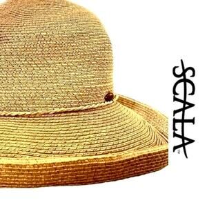 Scala Collection Women Tan Sage Green Paper Straw Sun Hat Wide Brim Beach Summer